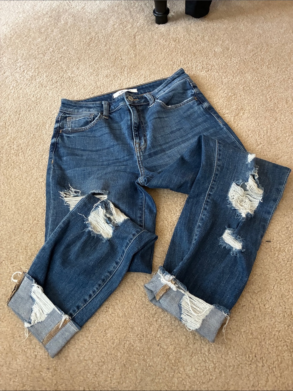 Distressed Ankle Cropped Women's Denim Jeans in Dark Blue